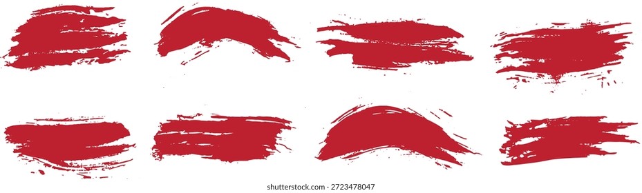 Juego de pinceladas de pintura roja con toques pintados a mano en negrita y bordes texturizados. Las marcas carmesí expresivas añaden movimiento dinámico y energía artística al blanco. Ideal para Anuncios, titulares, diseño grunge y fondos creativos.