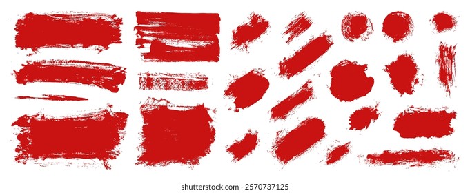 Red paint brush strokes set. Vector abstract dirty ink background. Isolated straight grungy scratch underlines. Hand drawn watercolor rectangular and round shape elements. Blood splash texture line bg