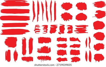 Conjunto de vetor de traçados de pincel de tinta vermelha, manchas de tinta grunge desenhadas à mão e coleção de manchas isoladas no fundo branco.