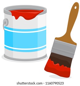Red paint can and a paint brush. Vector illustration