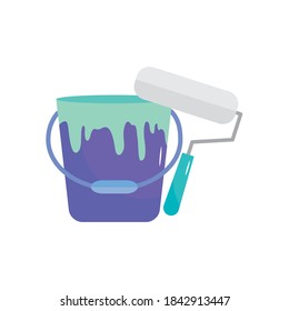 red paint can and roller icon over white background, flat style, vector illustration