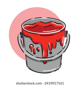 Red paint inside stainless steel metal silver tin bucket with handle vector illustration isolated on square white background with red circle decoration. Simple flat colored cartoon art styled drawing.