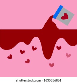 The red paint was poured from a can. A trickle down Drop down into a heart shape on pink background.