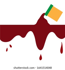 The red paint was poured from a canflow drops below on white background.