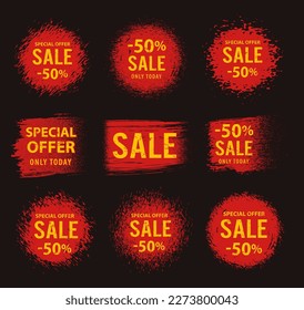 Red paint, set brush stroke, grunge circle or line. Sale text, frame or background. Vector illustration.