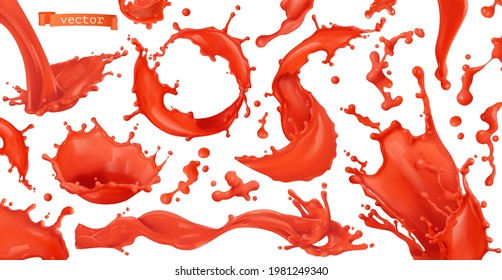 Red paint splash. Tomato, Strawberries. 3d realistic vector. 3d realistic vector set of objects