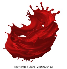 Red paint splashing isolated on white background. 3d rendering. red liquid tomato juice, vector realistic isolated 3d. Red fruit flow or tomato ketchup splash
