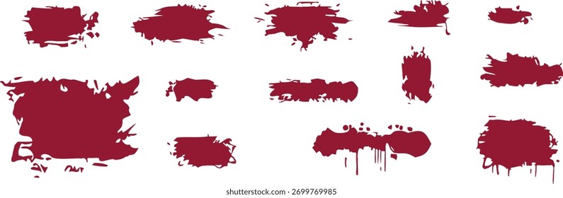 Red paint splatter brush stroke collection, grunge ink blot textures and drip shapes for digital art, graffiti backgrounds, poster design, and abstract illustration elements.