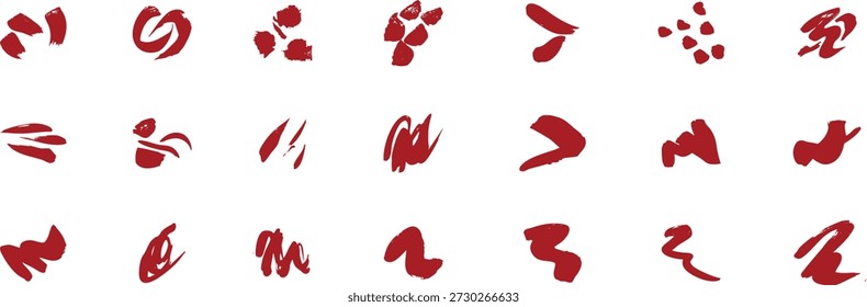 Elementos de pinceladas rojas y pinceladas con Formas expresivas abstractas. Marcas artísticas dinámicas que sugieren movimiento, energía y acentos creativos. Ideal para fondos modernos, superposiciones, carteles, marcas y proyectos de Diseño gráfico audaces.