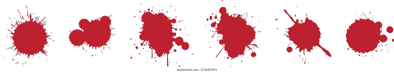 Rote Farbspritzer-Kollektion mit farbigen Tintenklecksen und Flecken. Abstrakte Splash-Formen für künstlerische Hintergründe, Poster und kreative Projekte. Fette, chaotische Texturelemente einzeln auf Weiß.