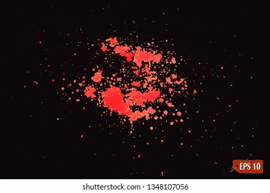 Red paint splatter, dirty. Effect with noise and grain, red watercolor paint brush splashes. Black and red background pattern for design. Vector illustration.