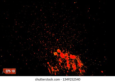 Red paint splatter, dirty. Effect with noise and grain, red watercolor paint brush splashes. Splash of blood on black background. Grunge urban texture template. Vector illustration.