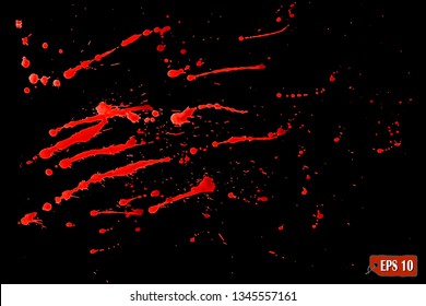 Red paint splatter, dirty on black background. Effect with noise and grain, scarlet red watercolor paint brush splashes, blood splatters. Red grunge urban texture template.