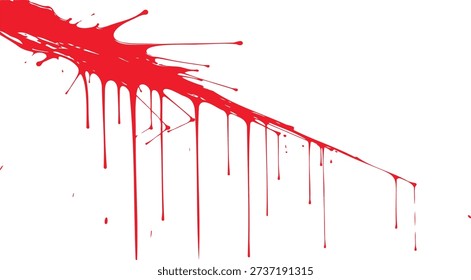 Red paint splatter on white background with drips and splashes