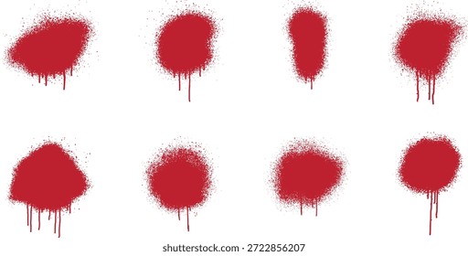 Mancha de tinta vermelha definida com manchas de spray gotejando e textura grunge. Manchas e respingos roliços e rugosos isolados no branco criam um impacto urbano dramático. Ideal para design grunge, arte de rua, cartazes e fundos nervosos.