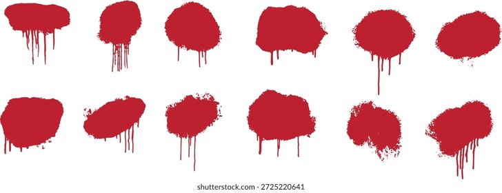 Manchas de salpicaduras de pintura roja con textura líquida goteante. Grunge manchas de tinta y salpicaduras de Formas aisladas sobre fondo blanco. Horror, violencia, arte y Elementos de diseño abstractos.