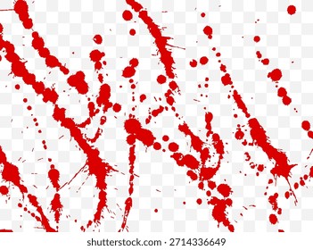 Red paint splatter stains on transparent background. Dynamic drops and smears create dramatic abstract texture