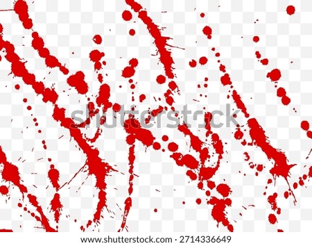 Red paint splatter stains on transparent background. Dynamic drops and smears create dramatic abstract texture