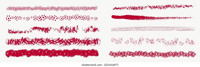 Red paint stroke set or brush stripe trace vector illustration. Inky brushstroke grunge texture. Scribble isolated element for fabric print. Handdrawn horizontal acrylic pencil gouache dab