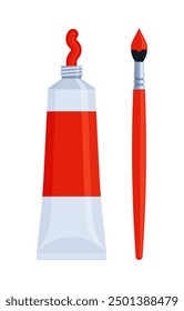 Tubo de pintura roja con icono de pincel. Ilustración vectorial plana aislada sobre fondo blanco. Suministros de arte y concepto de pintura. Perfecto para materiales educativos y proyectos creativos