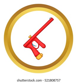 Red paintball gun vector icon in golden circle, cartoon style isolated on white background