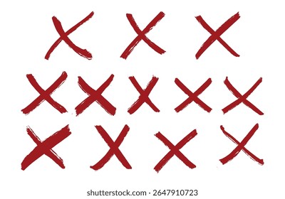 Red Painted Cross Mark Set - Hand-Drawn Brush Stroke X Icons for Warning and Error Signs