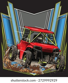 Carro de corrida vermelho e pintado. Isolado em fundo preto, para design de camisetas, impressão e para fins comerciais.