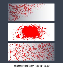 Red painted splatters and stains. Set of bloody banners, cards, invitations.