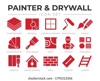 Red Painter and Drywall Icon Set with Plasterboard, Paint Roller, Brush, Painter Color Palette, Painting, Wall, Plaster, Ladder Icons