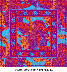 Red Paisley Bandana Design. The artwork in the style of Paisley. Blue background and floral patterns.Vector image of template to print on fabric, textiles.