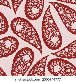 Patrón de paisley rojo con Elementos florales, repitiendo sin problemas. Ideal para textiles, Fondos de pantalla y fondos. Ilustración vectorial aislada en un fondo blanco.