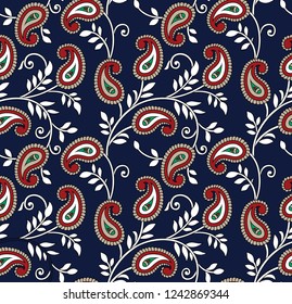 red paisley pattern on navy background