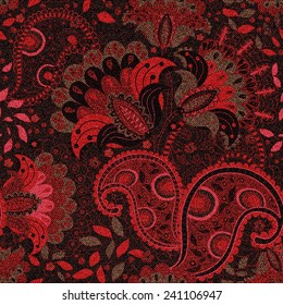 Red Paisley Seamless Pattern With Fantasy Flowers