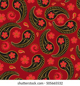 Red Paisley seamless pattern. Traditional Oriental ornament