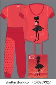Red pajama with polka dot and cute vintage girl