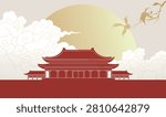 Red palace stands under warm golden sun. Clouds drift softly behind its ancient roof. Bird flies gracefully across the sky. Traditional architecture radiates cultural elegance