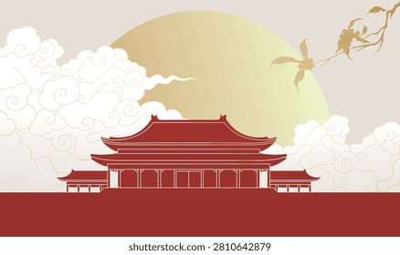Red palace stands under warm golden sun. Clouds drift softly behind its ancient roof. Bird flies gracefully across the sky. Traditional architecture radiates cultural elegance