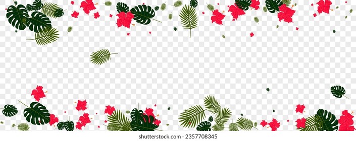 Red Palm Background Transparent Vector. Leaves Silhouette Pattern. Light Green Monstera. Forest Texture. Green Jungle Design.