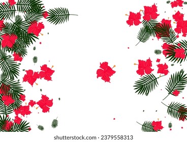 Red Palm Background White Vector. Foliage Paradise Pattern. Green Philodendron. Bright Texture. Yellow Painting Card.