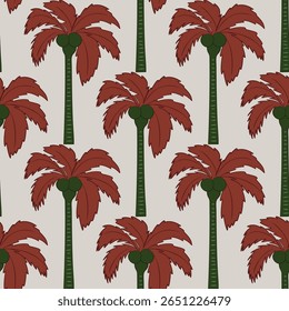 Red palm Tree pattern tropical abstract background.Plam tree and coconut trees isolated ogee geometrical motifs background,art deco illustration repeat design print shapes ogee geometrical wallpaper.	