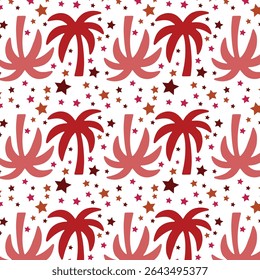 Red Palm Tree Seamless Pattern with Stars