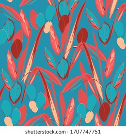 Red of palm trees and tropical grass on a blue color background. Seamless hand-drawn vector illustration. Pattern for wallpaper and fabric.