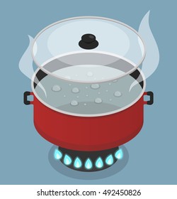 Red pan with lid and boiling water on gas burner. Vector isometric illustration