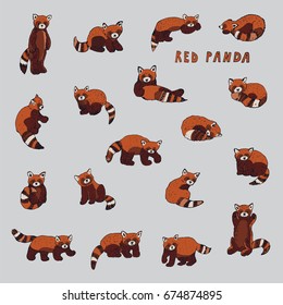 red panda animal cartoon doodle vector illustrations set