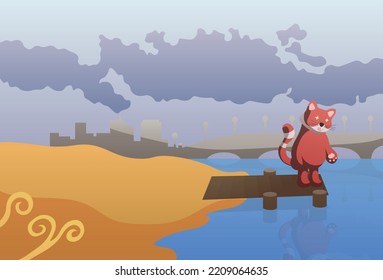 Red panda in autumn by the pond. The silhouette of the city, dark clouds before the rain, a cute animal on the pier near the coast. Ready to use eps for design