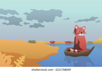 Red panda in autumn by the pond. A cute animal sails away on a boat from the coast, reflection in the water, a colorful forest on the horizon. Ready to use eps for design