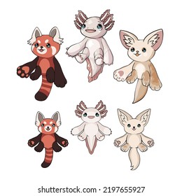 Red panda, axolotl and fennec fox. Cute stuffed toys templates for hugs. Hand drawn vector illustrations