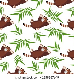 Red panda with bamboo leaves pattern. White background. Vector illustration. For wrapping paper, cloth.