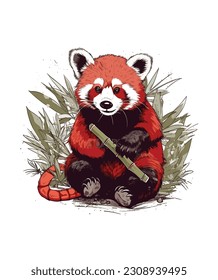 Red panda bear eating bamboo illustration, Red panda bear eating bamboo vector design,