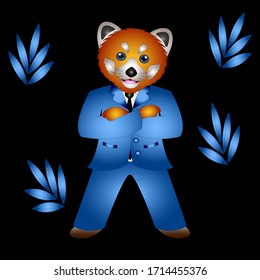 Red panda in a blue suit on a black background with bamboo leaves